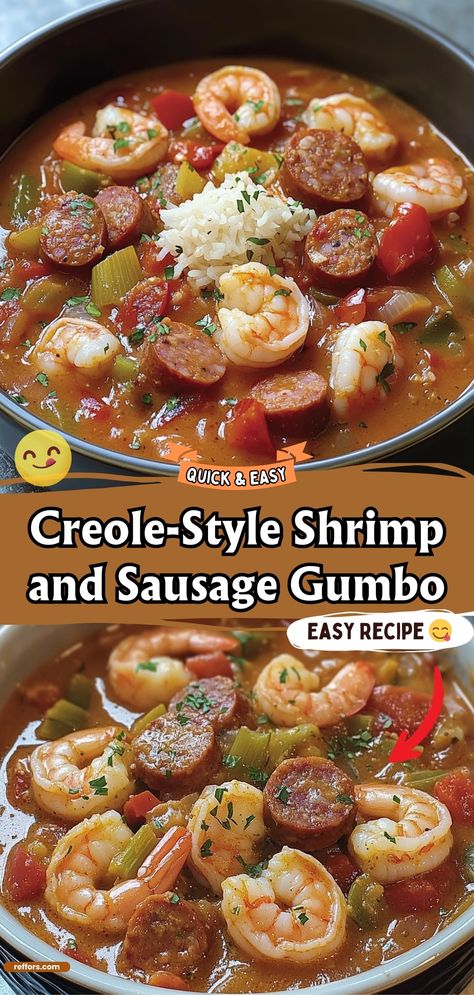 Immerse yourself in the rich, spicy flavors of the South with this Creole-Style Shrimp and Sausage Gumbo. Loaded with shrimp, sausage, and okra, and simmered in a savory broth, this gumbo is a hearty, satisfying dish that's full of tradition and taste. #ShrimpGumbo #CreoleCuisine #HeartyMeal Okra Gumbo Recipe Easy, Shrimp And Okra Recipes, Seafood Gumbo Recipe Louisiana, Sausage Gumbo Soup, Gumbo Soup Recipe, Sausage And Shrimp Recipes, Shrimp Creole Recipe Easy, Sausage And Shrimp Gumbo, Gumbo Recipe Okra