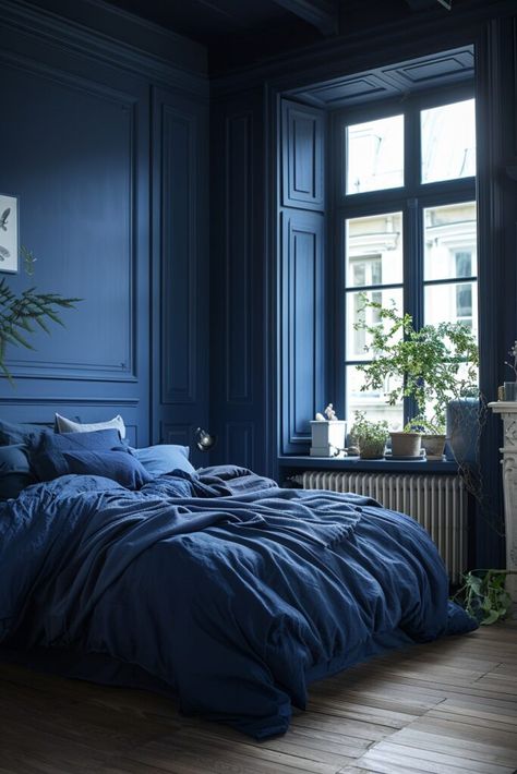 Navy Blue Bedroom Decor Inspiration, Navy Moodboard, Blue Vintage Bedroom, Nostalgia Bedroom, Deep Blue Bedroom, Layered Textiles, Navy Blue Bedroom, Navy Bedroom, Navy Bedrooms