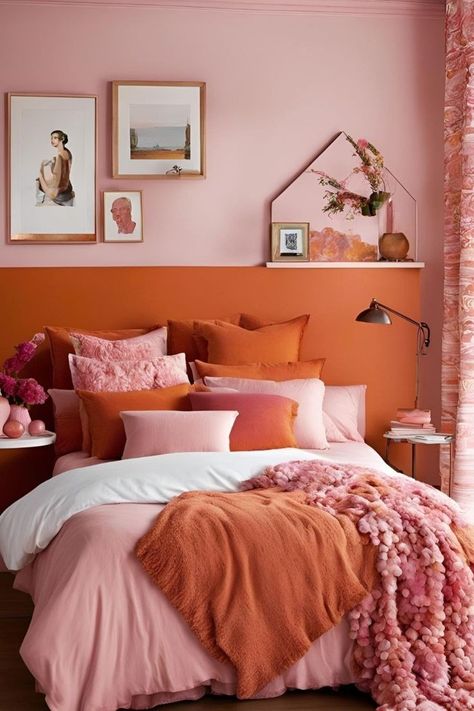 Peach Colored Rooms Bedrooms, Orange Pink Bedroom, Orange And Pink Bedroom, Orange Bedroom Walls, Burnt Orange Bedroom, Peach Bedroom, Coral Bedroom, Orange Rooms, Pink Bedroom Ideas