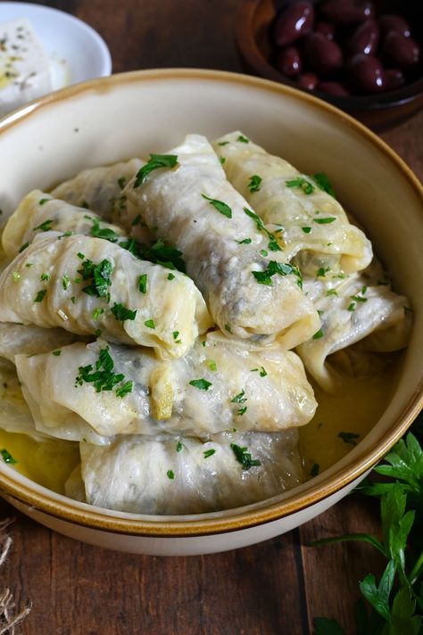 Greek stuffed cabbage rolls, lahanodolmades, with zucchini rice - Mia Kouppa Mia Kouppa Recipes, Greek Stuffed Cabbage, Zucchini And Rice, Greek Cabbage, Zucchini Rice, Vegan Greek, Grated Zucchini, Stuffed Cabbage Rolls, Stuffed Cabbage