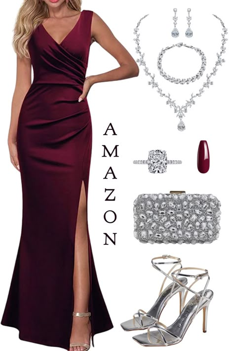 Summer wedding guest dress, evening sandals silver, burgundy maxi dress Burgundy Gown Accessories, Burgundy Dress Accessories Formal, Burgundy Dress Jewelry, Burgundy Dress Jewelry Ideas, Burgundy Dress Wedding Guest, Wine And Silver Wedding Colors, Accessories For Burgundy Dress, Burgundy Dress Outfit Wedding Guest, Burgundy Dress Outfit Wedding