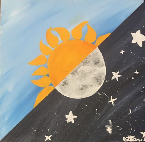 Sun And Moon Simple Painting, Night And Day Painting Easy, Moon And Sun Painting Easy, Day And Night Painting Easy, Sun And Moon Painting Canvases Easy, Sun And Clouds Painting, Half Sun Half Moon Painting, Sun And Moon Painting Easy, Moon Sun Painting