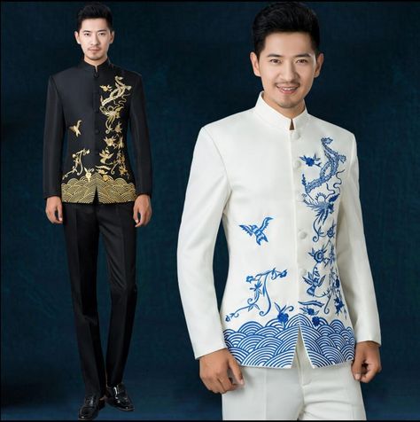 Chinese Men's Clothing, Embroidery Chinese, Stage Wedding, Wedding Dress Costume, Collar Embroidery, Asian Men Fashion, Ethnic Suit, Chinese Wedding Dress, Dress Pant Suit