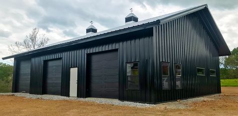 Outdoor Metal Building Ideas, Metal Building Salon, Black Morton Building, 30x40 Garage With Living Quarters, Black Steel Building, Metal Building Garage Shops, Metal Commercial Buildings, Commercial Metal Building Exterior, Black Pole Building