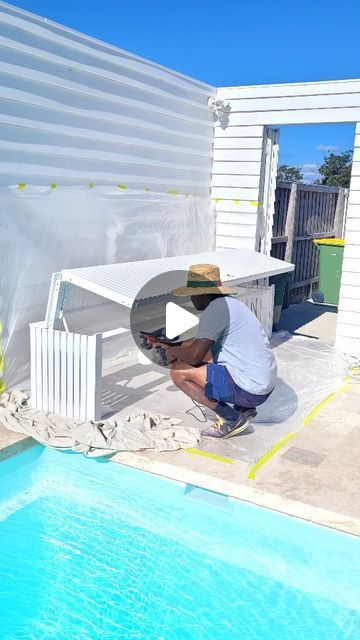 ▪︎ Cheryl ▪︎ on Instagram: "HIDDEN AWAY NICELY 🥰🙌

While we're waiting on the decor pieces for our new bench seat to arrive, here's a little sneak peek reel of it 😊

Still need to do some little paint touch ups as well but couldn't wait to show you guys the finished product 🤗

I gotta say, working our how to make this pool blanket box work was a bit of a challenge but I'm so glad I did it. No more having to look at our 'not so good looking' but 'oh so practical pool blanket' 😅👌

You could also build something like this for simply some backyard storage or pool equipment storage. We have the LOSPs only 8mm apart and are not able to see through it at all 😊

I didn't have much time to hold the camera while I was working so I only have quick little videos of some of the steps... would yo Pool Equipment Storage, Backyard Storage, Equipment Storage, Blanket Box, Pool Equipment, Build Something, Decor Pieces, Bench Seat, Pool Landscaping