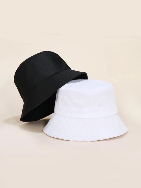 2pcs Solid Bucket Hat | SHEIN USA Black Bucket Hat Aesthetic, White Bucket Hats, Bucket Hat Aesthetic, Cute Bucket Hats, Bucket Hat Outfit, Bob Chapeau, Black And White Hats, Bucket Hat Fashion, White Bucket Hat