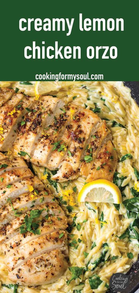 Lemon Chicken Orzo! This creamy one pot lemon chicken orzo is perfect for weeknights, and an amazing comfort food recipe. The orzo is tender, and it's tossed with fresh lemon and spinach. Best Lemon Butter Chicken, Lemon Chicken With Broccoli, Creamy Chicken Orzo With Spinach, Lemon Herb Chicken And Rice, One Pot Chicken And Orzo With Spinach, Creamy Lemon Orzo Salmon, Creamy Lemon Garlic Orzo, Lemon Garlic Chicken Bites With Creamy Bowtie Pasta, Recipes With Lemon Pepper Chicken