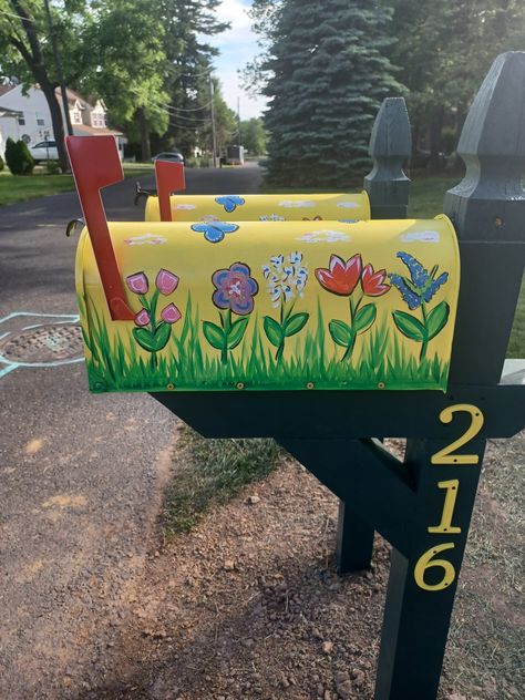 Mailbox Upgrade Colorful Mailbox Ideas, Mailbox Painting Ideas Simple, Mailbox Ideas Unique Paint, Mailbox Vinyl Decals The Artsy Spot, Mailbox Acrylic Paintings, Outdoor Mailbox Decal, Painted Mailboxes, Mailbox, Garden Spaces