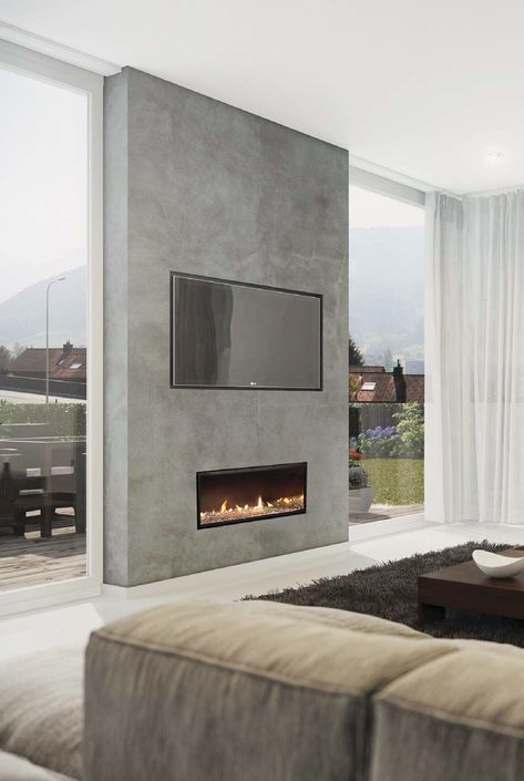 ≡ 14 Cool Fireplace Design Ideas To Take Your Home Interior To The Next Level ➤ Brain Berries Tv Above Fireplace, Design Camino, Bedroom Tv Wall, Fireplace Tv Wall, Linear Fireplace, Concrete Fireplace, Bedroom Fireplace, Contemporary Fireplace, Tv In Bedroom