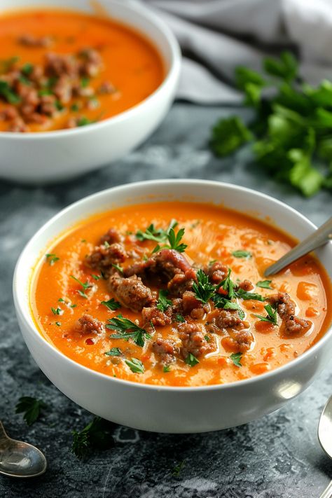 Satisfy Your Taste Buds: Spicy Keto Chorizo and Pumpkin Soup Recipe for Weight Loss #ketodiet #ketorecipes #lowcarb Pumpkin Soup Spicy, Pumpkin Chorizo Soup Zupas, Spicy Soup For Colds, Keto Chorizo Recipes, Pumpkin Chorizo Soup, Pumpkin Chorizo, Keto Chorizo, Chorizo Soup Recipes, Spicy Soup Recipes