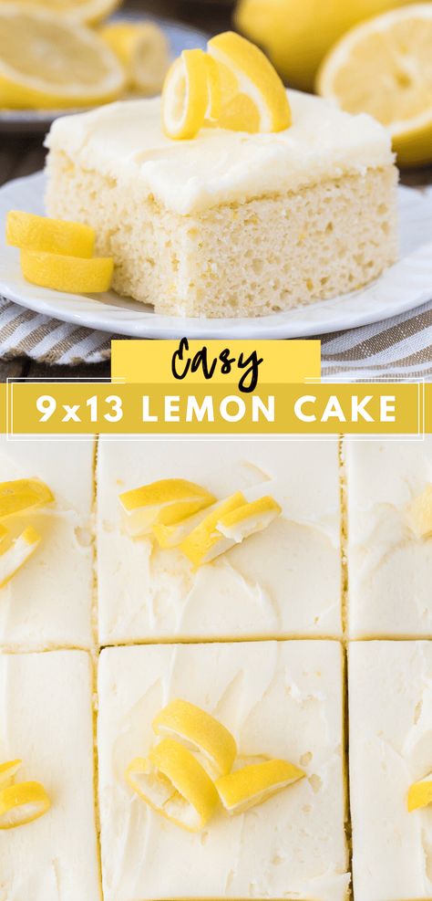 This easy lemon cake is made in a 9x13 inch pan with 2 frosting options - choose between a simple lemon glaze or lemon buttercream frosting. Lemon sheet cake is moist, tangy, and bursting with fresh lemon flavor. #lemoncake #sheetcake #cake Sheetcake Cake, Lemon Sheet Cake Recipe, Lemon Cake From Scratch, Lemon Sheet Cake, Moist Lemon Cake Recipe, Easy Lemon Cake Recipe, Lemon Birthday Cakes, Easy Lemon Cake, Homemade Lemon Cake