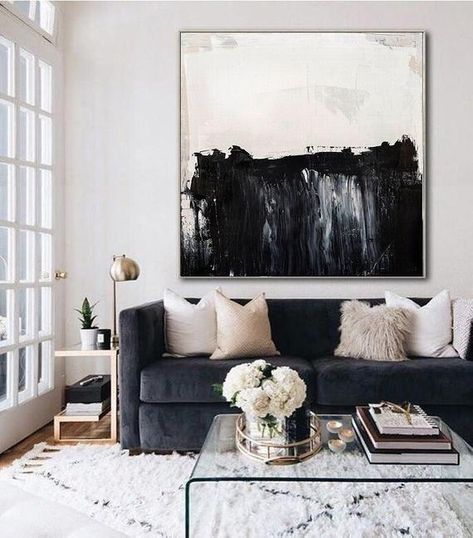 Black And White Living Room, Black Living Room, Trendy Living Rooms, Small Apartment Decorating, Black Sofa, White Living Room, Living Room Decor Apartment, Living Room Inspo, Glass Coffee Table