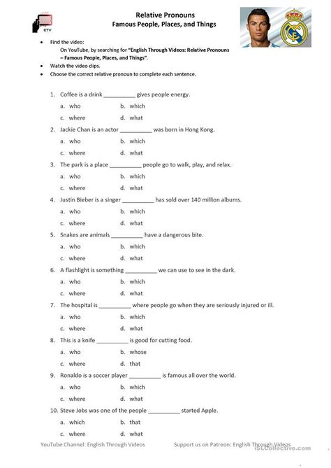 Relative Pronouns Video Activity (who / which / where / that) - People, places, and things - English ESL Worksheets for distance learning and physical classrooms Who That Which Worksheet, Pronouns Worksheet For Grade 5, Relative Pronouns Worksheet, Adult Worksheets, Pronouns Exercises, Pronouns Worksheet, Pronoun Activities, Seasons Chart, Relative Clauses