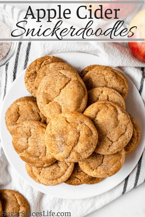 Easy Apple Cider Cookies, Dessert Recipes Using Apple Cider, Soft Apple Cider Cookies, Stuffed Snickerdoodle Cookies, Apple Cider Baked Goods, Apple Cider Cookies Recipes, September Treats, Harvest Cookies, Cider Cookies