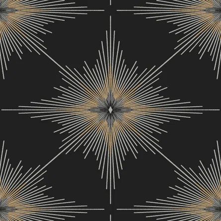 Everly Quinn Ashur North Star 33' L x 20.9" W Wallpaper Roll | Wayfair Grey Bedroom With Wallpaper Accent Wall, Art Deco Dining Room Wallpaper, Modern Glam Wallpaper, Black Print Wallpaper, North Star Wallpaper, Wallpaper Black And Gold, Mcm Wallpaper, Starburst Wallpaper, Long Wallpaper