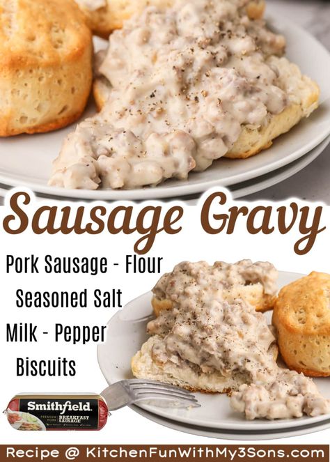 It’s easier than ever to make a delicious and rich Homemade Sausage Gravy completely from scratch! We pair it with golden buttermilk biscuits for a comforting meal you’ll want to keep in your weekly rotation. Easy Biscuits And Gravy, Gravy And Biscuits, Homemade Sausage Gravy, Sausage Gravy And Biscuits, Sausage Gravy Recipe, Sausage Biscuits, French Toast Casserole Overnight, Fantastic Recipes, Biscuit Sandwich