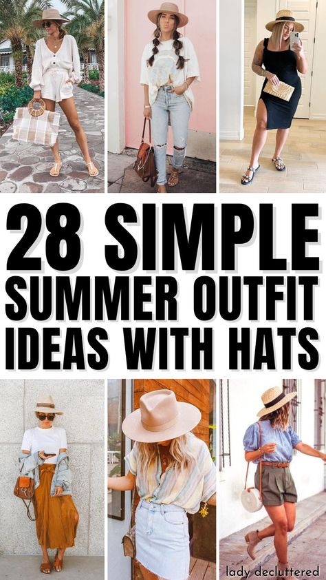 28 Simple Summer Outfit Ideas with Hats Hat And Dress Outfit Summer, Cool Hats For Women Summer, Hats For Summer Outfit, Outfit With Straw Hat, Ladies Fedora Hats Outfit, Casual Outfit With Hats For Women, Fedora Hat Summer Outfit, Casual Summer Outfits With Hats, Summer Hats For Women Outfits Casual