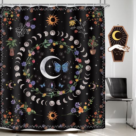 PRICES MAY VARY. Polyester ♥POLYESTER FABRIC: Our shower curtains are made of expertly chosen waterproof polyester fabric ,which are very soft and drape. ♥UNIQUE DESIGN: The abstract moon phase combination of black make LGhtyro Shower Curtain the perfect piece for your master bathroom or your guest bathroom. The shower curtain will turn any bathroom in your home into a spa like experience. ♥WHAT'S INCLUDED: Each package provides one 60” Width x 71”Length polyester shower curtain and 12 pack hook Floral Bathroom Decor, Bath Aesthetic, Butterfly Shower Curtain, Kids Bathroom Accessories, Floral Bathroom, Plastic Shower Curtain, Boho Moon, Floral Bath, Floral Moon