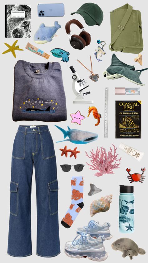 marine biologist fit 🐙🐬🐳 #marinebiology #marinebiologist #coconutgirl #oceangirls #oceanvibes #sea #science #scientist #aesthetic #moodboards Scientist Outfit Aesthetic, Future Marine Biologist, Marine Biology Major Aesthetic, Biologist Outfit, Marine Biologist Aesthetic Outfits, Marine Biology Aesthetic Outfit, Scientist Aesthetic Outfit, Biologist Aesthetic, Marine Biology Outfits