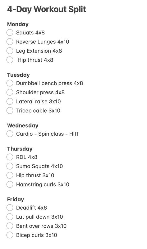 Get in shape with this 4-day gym workout split that includes a day of cardio for a total body workout. #gym #workout Simple Gym Workout Routine, Split Leg Workout, Easy Weekly Workout Routine, Workout Split Beginner Women, 4 Days Split Workout, How Many Days Should I Workout, First Gym Day Work Outs, Lower Body Workout Split, 5 Day Split Workout Routine Dumbbell