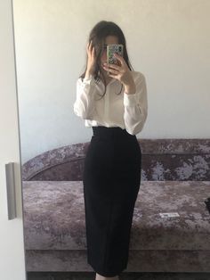 Long Skirt Corporate Attire, Pencil Skirt Outfits Formal, White Blouse Business Casual, Skirt And Blouse Work Outfit, White Blouse Aesthetic Outfit, Pencil Skirt Blouse Outfit, Business Casual Outfits For Women Pencil Skirt, Office Outfits Women Skirt Black Pencil, Long Black Skirt Outfit Professional