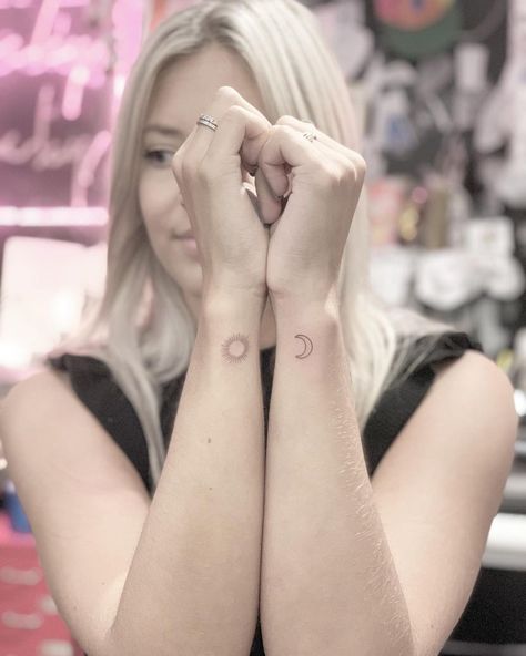 #sun #moon #tattoo #smalltattoo #littletattoo #tinytattoo #nyc #manhattan Sun Matching Tattoo, Sun And Moon Small Tattoo, Moon Small Tattoo, Matching Sun And Moon Tattoo, Moon Tattoo Wrist, Astronomy Tattoo, Neon Tattoo, Moon Sun Tattoo, Celestial Tattoo