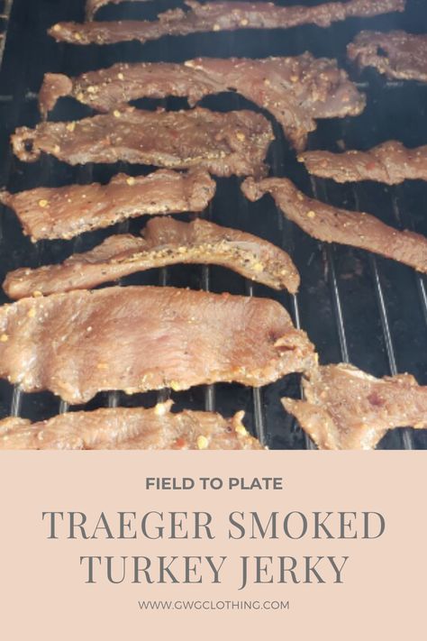 Traeger Smoked Turkey Jerky | GWG Clothing | One of the most satisfying parts of hunting is to be able to share your harvest with your friends and family. Typically with my turkeys I will make a delicious meal on a special occasion, but this year I decided to try my hand at jerky. This is a really easy recipe, if you are not a big fan of heat then you can leave out the red pepper flakes. #traegergrills #turkey #jerky #fieldtoplate Smoked Turkey Jerky Recipe, Smoker Jerky Recipes, Smokers Recipes, Turkey Jerky Recipe, Traeger Smoked Turkey, Jerkey Recipes, Traeger Chicken, Smoked Jerky, Traeger Cooking