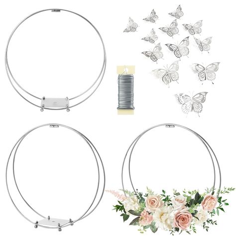 PRICES MAY VARY. 3 Pack Floral Hoop Centerpieces with Stand Set: The package comes with 3-pack 18 Inches metal floral hoops with Holder, 12 pcs 3D butterflies and 38 yards of paddle wire. Great combo for making any amazing silver wedding centerpieces for table. Strong and Smooth Metal Rings: MJRASG macrame rings are made of high-quality, wear-resistant metal, which is smooth and won't fade. The smooth surface will not hurt your fingers. The floral hoop surface is also glazed to prevent oxidation Whimsical Centerpieces Table Decorations, Elegant Centerpieces Classy, Silver Centerpieces For Party, Centerpieces With Photos, Circle Table Centerpiece Wedding, Diy Wedding Centerpieces On A Budget, Bridal Shower Table Centerpieces, Butterfly Table Decorations, Hoop Centerpieces