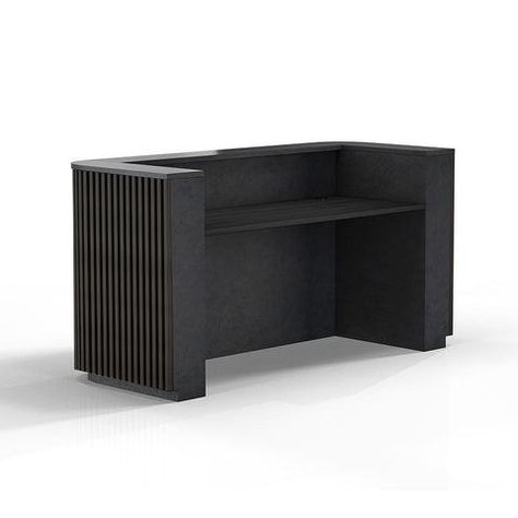 The HALO 1.8M Reception Desk reception has Black Finish with slat panels at a distance of 2.5cm and includes LED lights on the Kickboard to add a striking effect. #furniture #furnituredesign #furnitures #decor #homedecor #homedecoration #seating #cabinet #desk #lighting #bed #shelves #decoration #outdoorfurniture #dining #mirror #clocks #receptionfurniture #furnituredecor #replicafurniture #livingroom #sofa #diningroom #bedroom #rugs #kidsroom #plantpots #arts #homeoffice #walldecals #table Boutique Desk Ideas, Entrance Reception Design, Reception Desk Design Entrance, Barberia Ideas, Salon Desk, Strong Branding, Furniture Reception Desk, Office Reception Furniture, Reception Desk Design