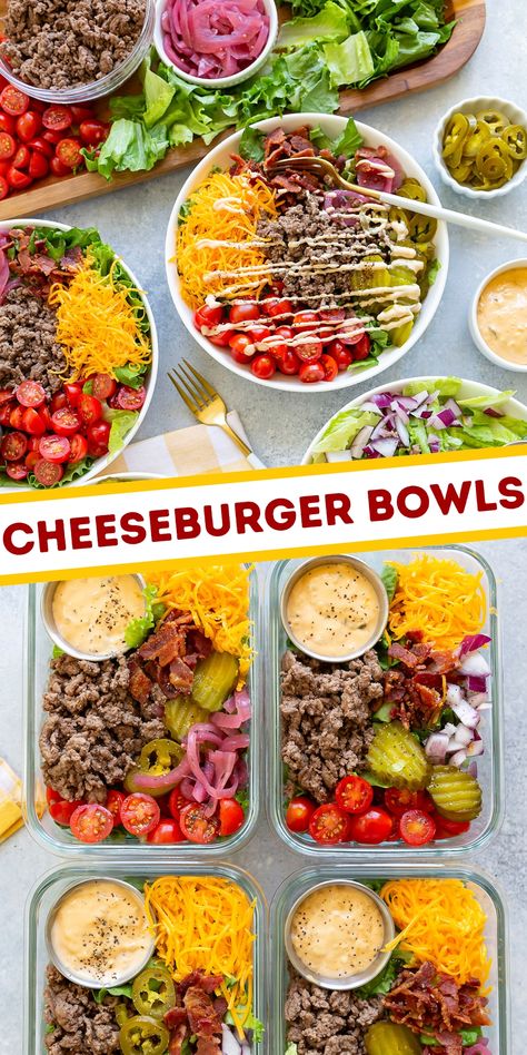 Need an easy, customizable meal idea for busy weeknights? Try these delicious Cheeseburger Bowls! Perfect for back-to-school and meal prep. 🍔🥗 #CheeseburgerBowls #MealPrep #EasyRecipes #BackToSchoolMeals #ad #BeefFarmersandRanchers #BacktoSchoolBeef @beeffordinner Quick Easy Weekday Dinners, Easy Burrito Bowl Meal Prep, Lunch Bowl Prep, Easy Meal Prep Lunch Bowls, Burger Meal Prep Ideas, School Meal Prep For Teens, Cheeseburger Bowl Recipe, Cheese Burger Bowl Meal Prep, Healthy Hamburger Bowl Recipes