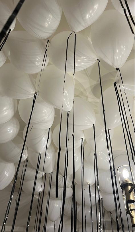 #ribbon #aesthetic #partyballons #vsco #dancingqueen #whiteballons Ribbon Aesthetic, Champagne Birthday, 21st Bday Ideas, 25th Birthday Parties, Birthday Dinner Party, Bday Party Theme, Black And White Theme, Black Balloons, 18th Birthday Party