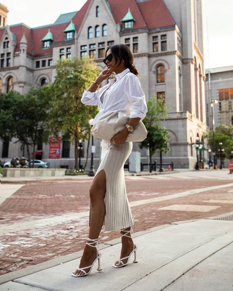 Fashion blogger mia mia mine wearing a matching skirt set by abercrombie with a white shirt and white lace up heels. #summeroutfit #matchingset #style