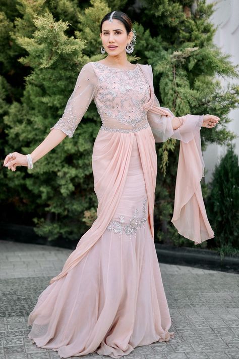 Buy Mandira Wirk Peach Organza Pre-draped Fish Cut Saree Gown Online | Aza Fashions Fish Cut Saree, Draped Saree Gown, Fish Cut Gown, Fish Cut, Ridhi Mehra, Cocktail Dresses With Sleeves, Net Gowns, Draped Saree, Velvet Dress Designs