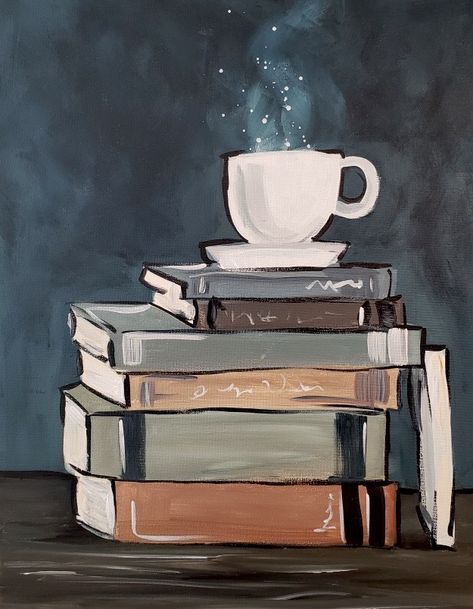 Coffee And Books Painting, Bookish Canvas Painting, Acrylic Book Painting, Books Canvas Painting, Book Painting Easy, Book Paintings On Canvas, Acrylic Painting Books, Bookish Painting Ideas, Books Painting Art