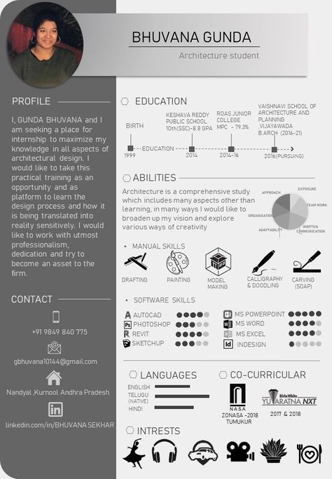 Architectural student resume Cv Design Student, Professional Architect Resume, Architectural Cv Design, Resume For Architects, Cv Ideas For Students, Architecture Resume Design, Cv For Architecture Student, Graphic Design Student Resume, Architecture Student Portfolio Cover