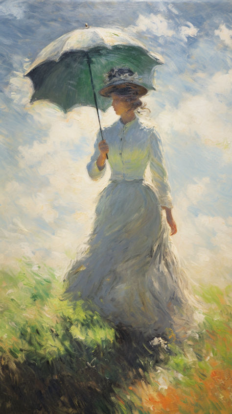 woman with parasol, face filled in and unidentifiable, oil painting, dark impression, graceful painting, Claude Monet Woman With Parasol Painting, Claude Monet Outfit, Impressionism Painting Ideas, Impressionist Paintings Portraits, Famous Paintings Of Women, Claude Monet Paintings Wallpaper, Monet Paintings Impressionism, Claude Monet Aesthetic, Claude Monet Wallpaper