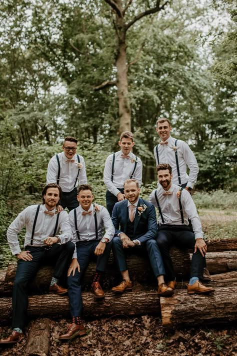 Groomsmen With Bowties, Bowtie Wedding Groomsmen, Navy Groom And Tan Groomsmen, Groom In Tie Groomsmen In Bowtie, Groomsmen In Bowties, Groomsmen Attire Suspenders Bowtie, Groomsman Bow Tie, Whimsical Groomsmen Attire, Whimsical Wedding Groom