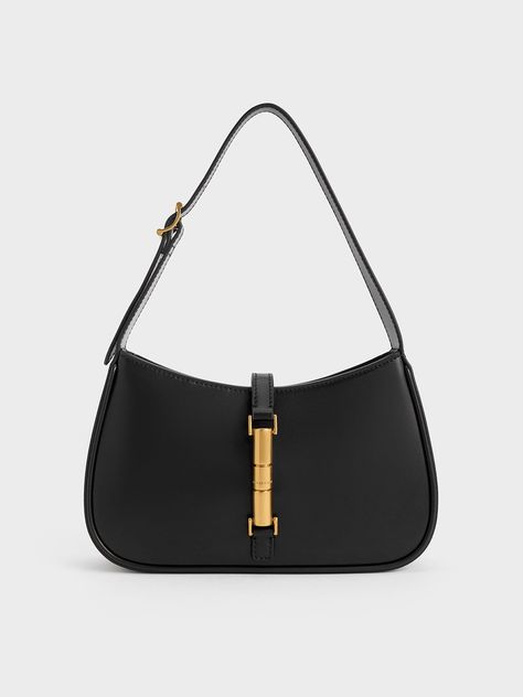 Black Cesia Metallic Accent Shoulder Bag | CHARLES & KEITH Charles And Keith Bags, Classy Purses, Black Mini Bag, Gold Bag, Girly Accessories, Charles Keith, 2024 Fashion, Girls Bags, Cute Bags