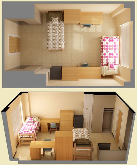 Another idea for the layout of the room. This way, you don't necessarily have to have matching things to make the room look balanced Dorm Room Arrangements, Single Dorm Room, Dorm Layout, Dorm Room Layouts, Dorm Room Furniture, Small Dorm, Dream Dorm, Dorm Sweet Dorm, Dorm Inspiration