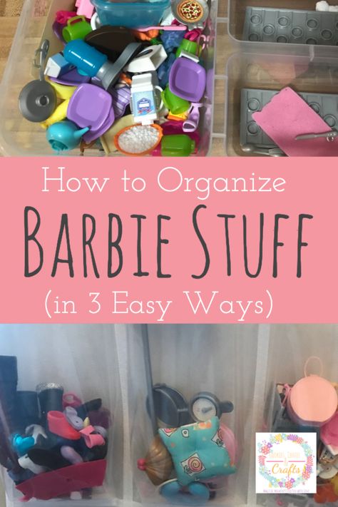 Keep your daughters Barbies organized with these 3 easy storage ideas that are perfect for small spaces. These ideas will work perfect in toy rooms or kids rooms. Storage For Barbie Accessories, Diy Doll Storage Ideas, Barbie Furniture Storage Ideas, Barbie Doll Accessories Storage Ideas, Organization For Barbie Stuff, Barbie Dream House Storage Ideas, Barbie Dream House Organization, Storing Barbies Toy Storage, Playroom Barbie Organization