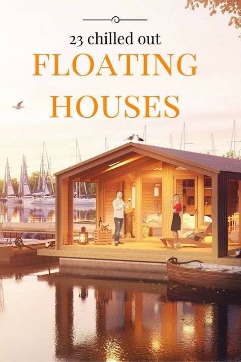 Maybe a standard houseboat isn’t the best idea. But a floating house? A full-on, decked out, fancy house floating on water? That sounds like a plan. Pontoon Houseboat, Houseboat Living, Floating Architecture, Lakefront Living, Lakefront Property, Fancy Houses, Floating House, Tiny House Movement, Waterfront Property