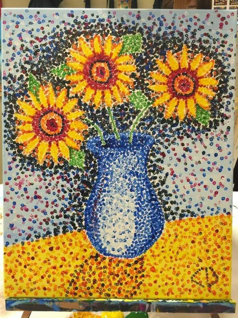 Lesson in pointillism Sunflower Pointillism, Pointilism Art Ideas Easy, Pointillism Easy, Pointillism Art Projects, Pointilism Art Ideas, Pointillism For Kids, Pointilism Art, Pointillism Painting, Pointalism Art