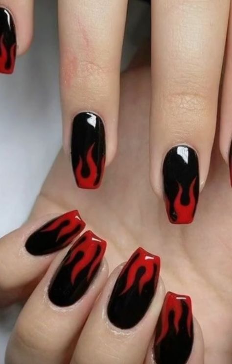 Flame Black Nails, Fire Nails Designs Red, Flame Nails Black And Red, Red And Black Nails Short Simple, Black Nails Red Flames, Black And Red Nails Ideas Goth, Red And Black Nails Aesthetic, Nail Fire Art, Black Nails Flames