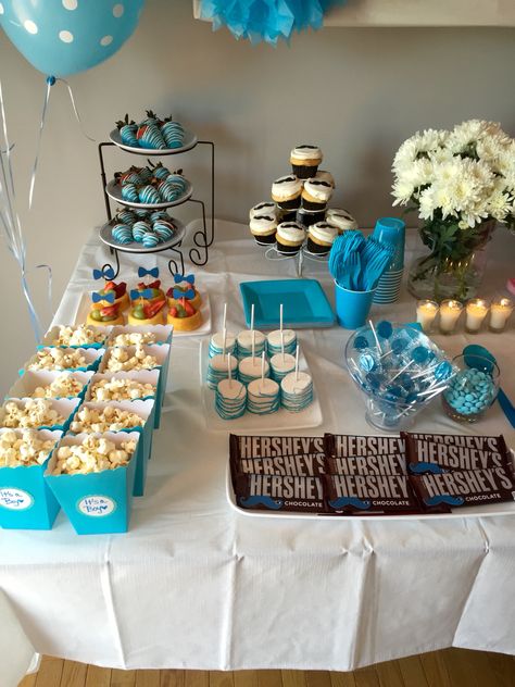 Boy Side of the Snack Table Gender Reveal Baby shower Blue Snacks Table, Baby Shower Snacks Boy, Table Snacks, Baby Shower Appetizers, Gender Ideas, Shower Snacks, Baby Shower Food Ideas, Baby Shower Desserts Boy, Shower Food Ideas