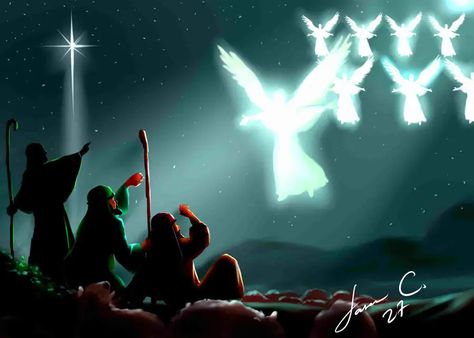 Angel And Shepherds Christmas, Angels And Shepherds, Shepherds And Angels, Heavenly Background, Shepherds Christmas, Biblical Artwork, Bible Verse Pictures, Bible Images, Bible Pictures