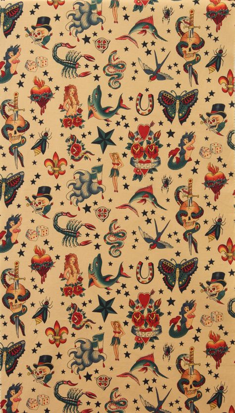 Alexander Henry Fabric Old School Tattoo Tea Tan by voodoobetty, $23.07 Henry Tattoo, Tattoo Sleeve Filler, Shoulder Sleeve Tattoos, Sailor Jerry Tattoos, Kunst Tattoos, Tattoo Old School, Alexander Henry Fabrics, Tattoo Prices, Hawaiian Tattoo