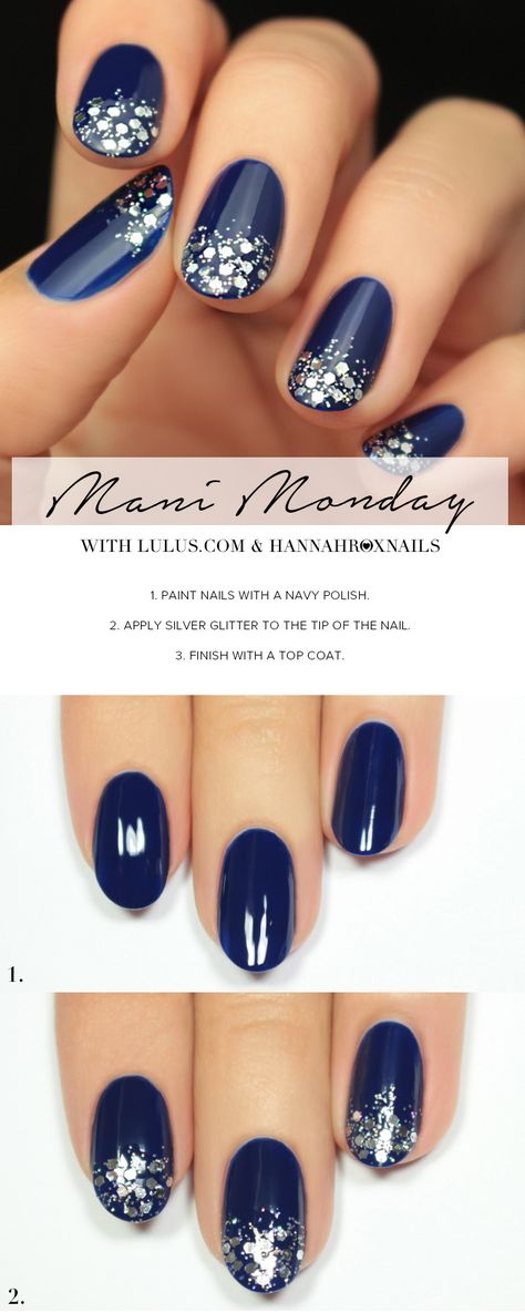 Mani Monday: Navy Blue and Silver Glitter Nail Tutorial at LuLus.com! Navy Nails, Navy Blue Nails, Silver Glitter Nails, Nail Tutorial, Wedding Nail, Super Nails, Dark Nails, Trendy Nail Design, Prom Nails