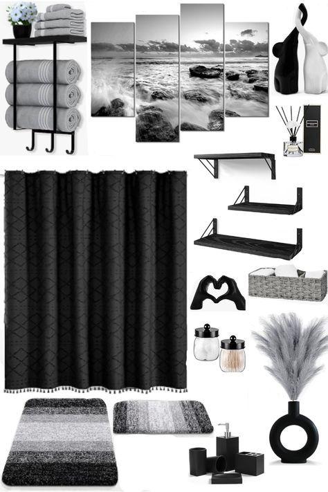 Black Grey And White Bathroom Decor, Black Gray And White Bathroom Ideas, Grey White Black Bathroom Ideas, Black And Gray Bathroom Decor, Black White And Silver Bathroom Ideas, Grey And White Bathroom Decor Ideas, Bathroom Decor Black And Grey, Black And White Restroom Ideas, Black And Clear Bathroom Decor