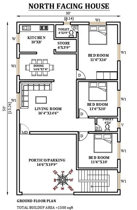 30’x50’ north facing house plan is given in this Autocad drawing file. Download now. - Cadbull Practical House, Rumah Teres, Layout House, 30x50 House Plans, 20x30 House Plans, 1500 Sq Ft House, Budget House Plans, North Facing House, 20x40 House Plans