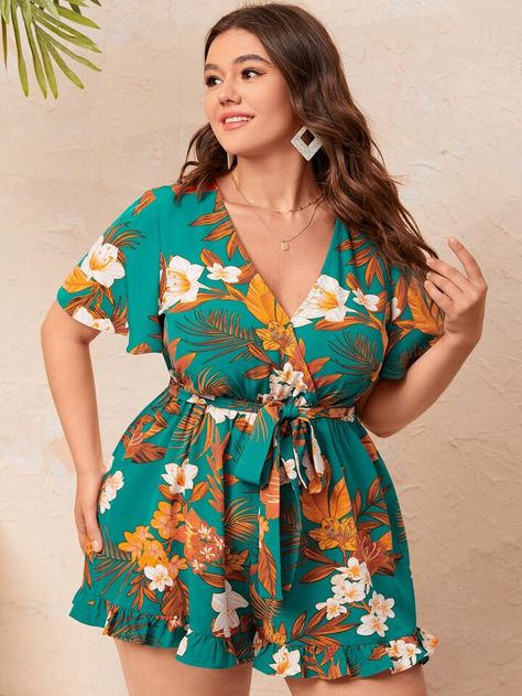 SHEIN VCAY Plus Floral Print Belted Ruffle Hem Romper | SHEIN USA Short Jumpsuit Outfit, Classy Jumpsuit, Flowy Romper, Plus Size Summer Dresses, Plus Size Summer Outfits, Belted Romper, Plus Size Romper, Classy Casual Outfits, Plus Size Jumpsuit